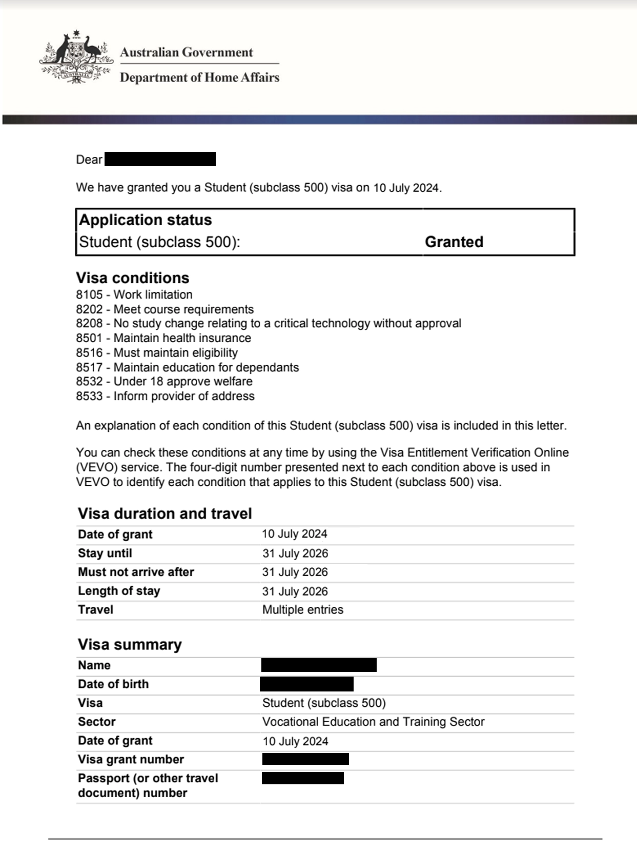 Genuine Student (GS) letter for visa subclass 500 granted